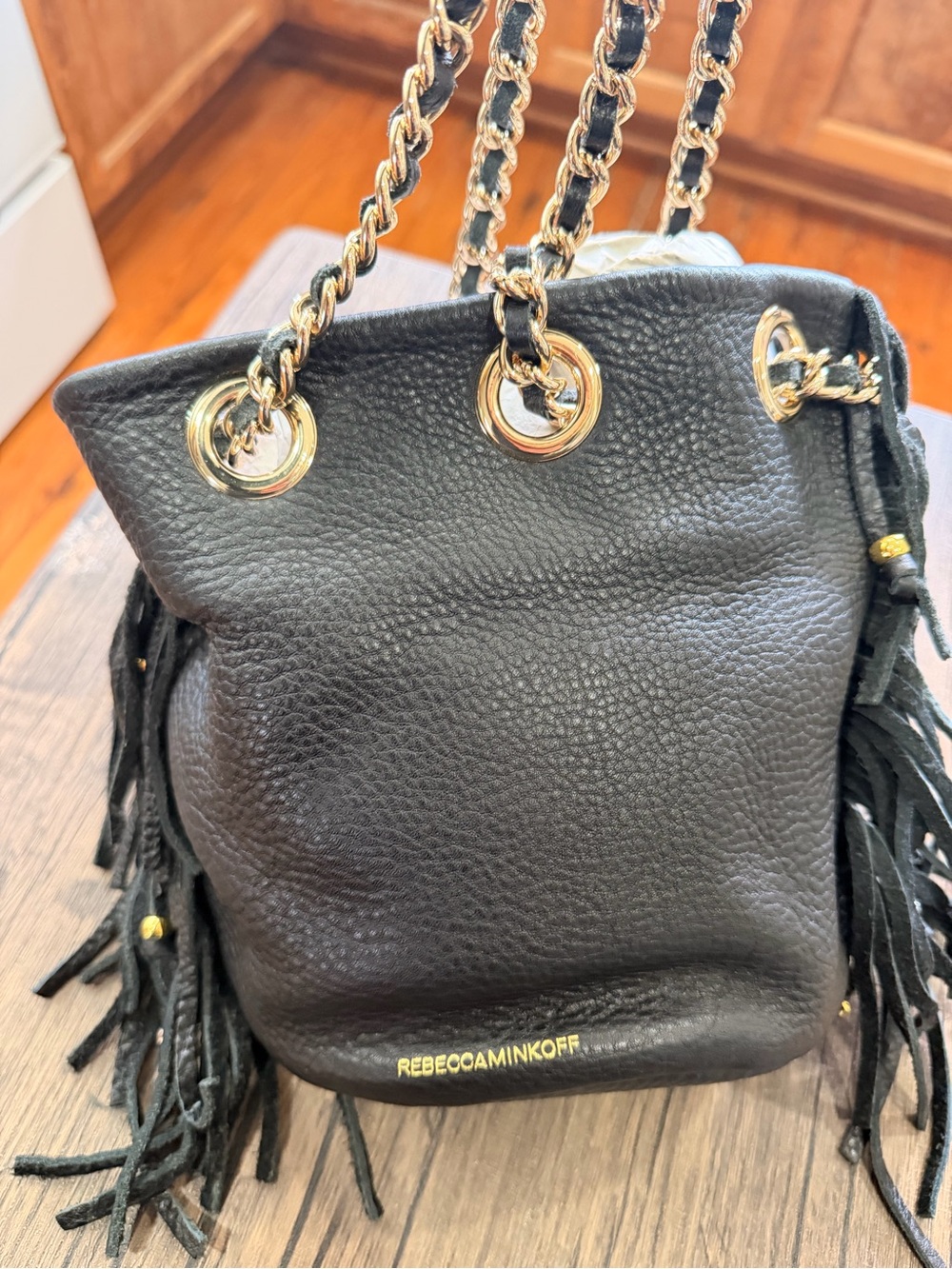 Rebecca Minkoff Black Leather Fringe Bucket Bag with Gold Chain - Picture 9 of 14
